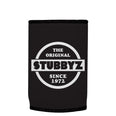 The Original (Black) Stubbyz One Size baseless stubby cooler, shown flat