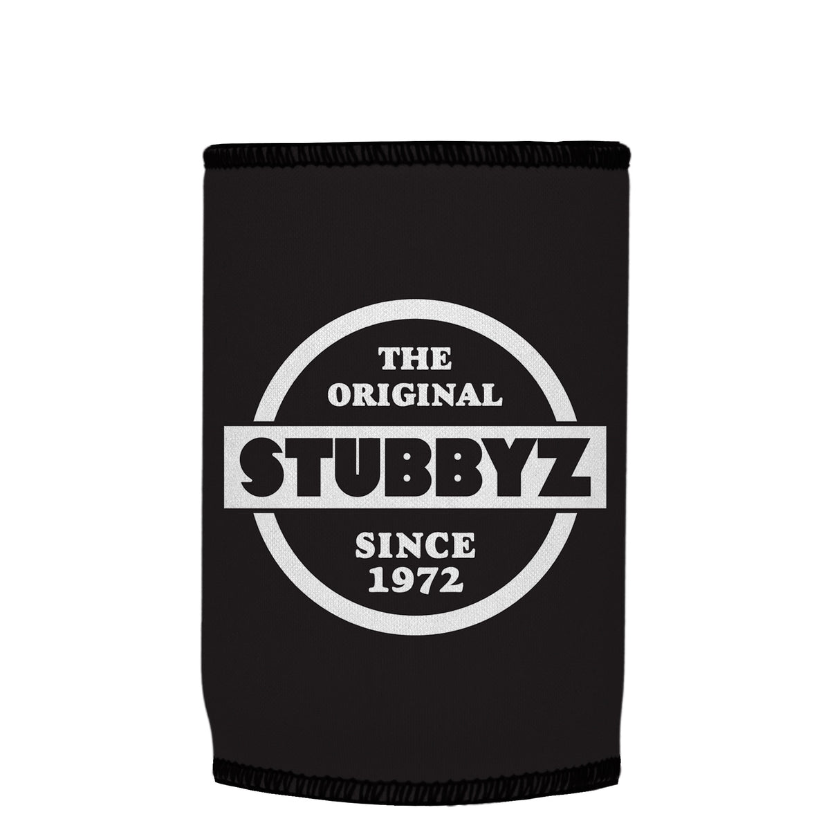 The Original (Black) Stubbyz One Size baseless stubby cooler, shown flat