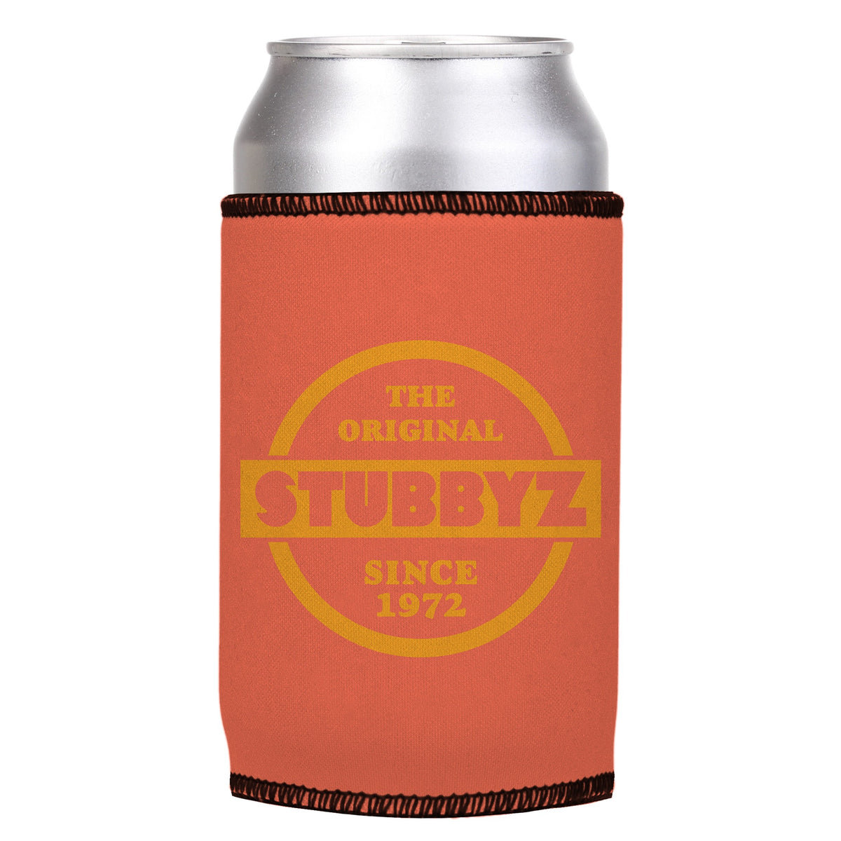 The Original (Coral) Stubbyz One Size cooler on a standard can, angled view