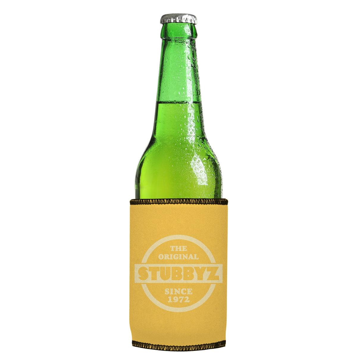 The Original (Mustard) Stubbyz One Size cooler on a slim Euro-style bottle