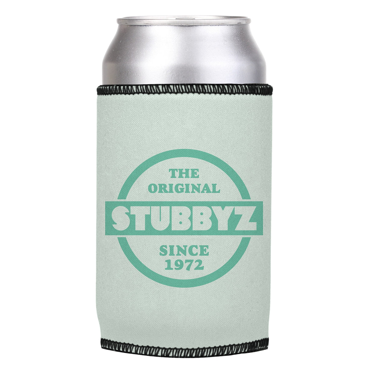 The Original (Mint) Stubbyz One Size cooler on a standard can, angled view