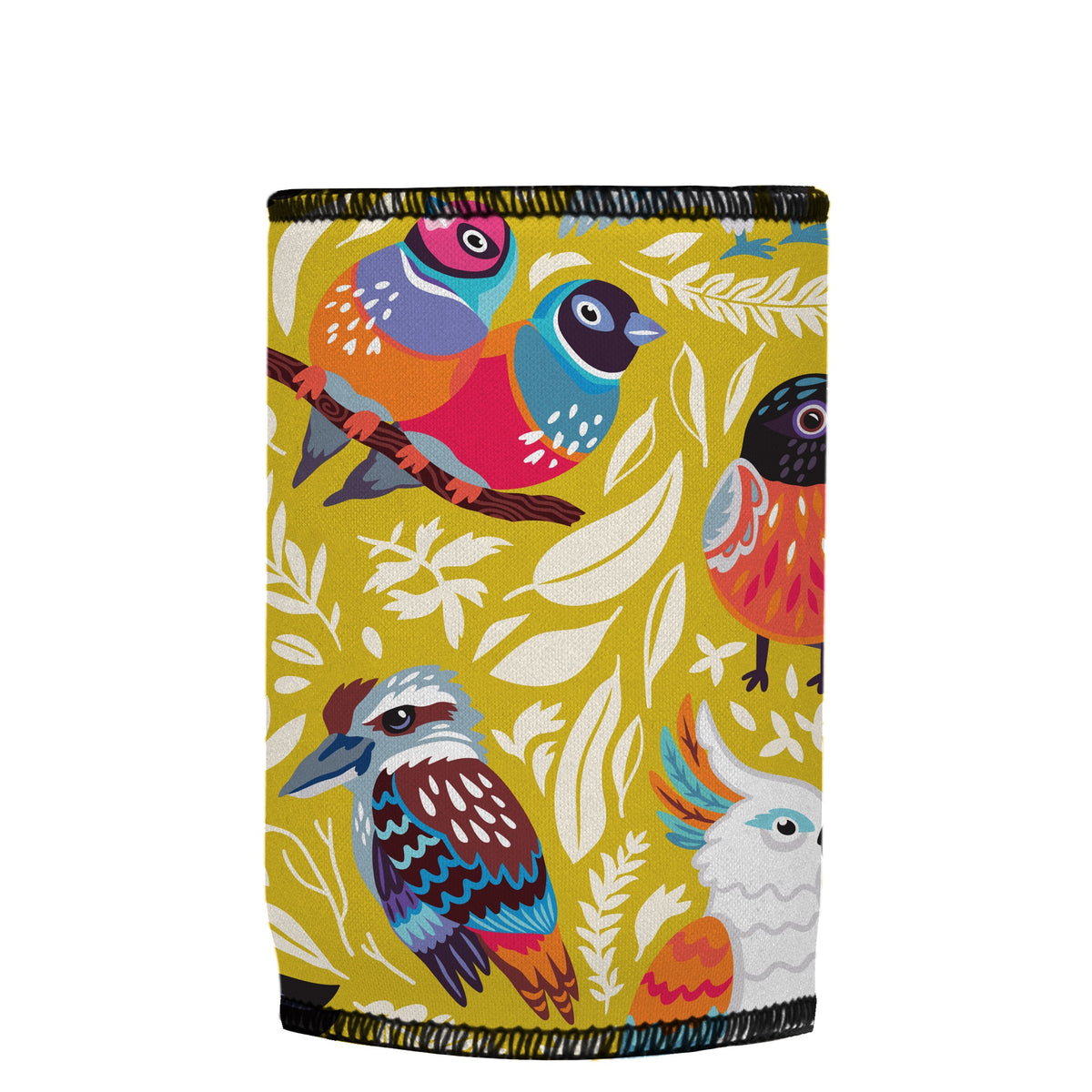 Aussie Birds II Stubbyz One Size baseless stubby cooler, shown flat