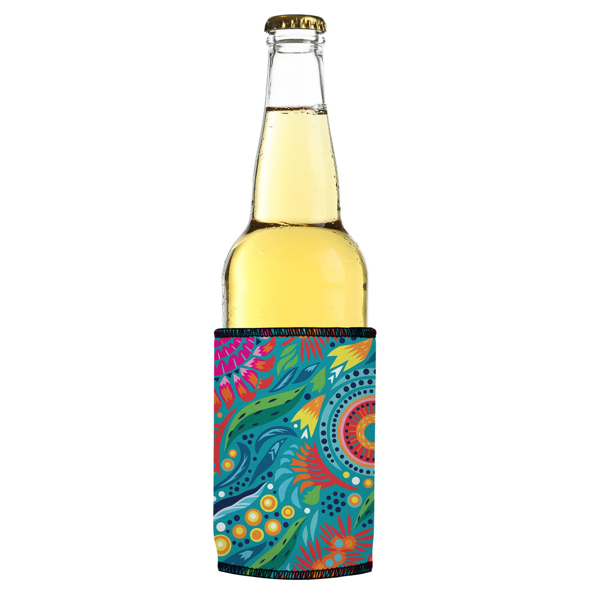 Australian Flowers II Stubbyz One Size cooler on a slim bottle, angled view