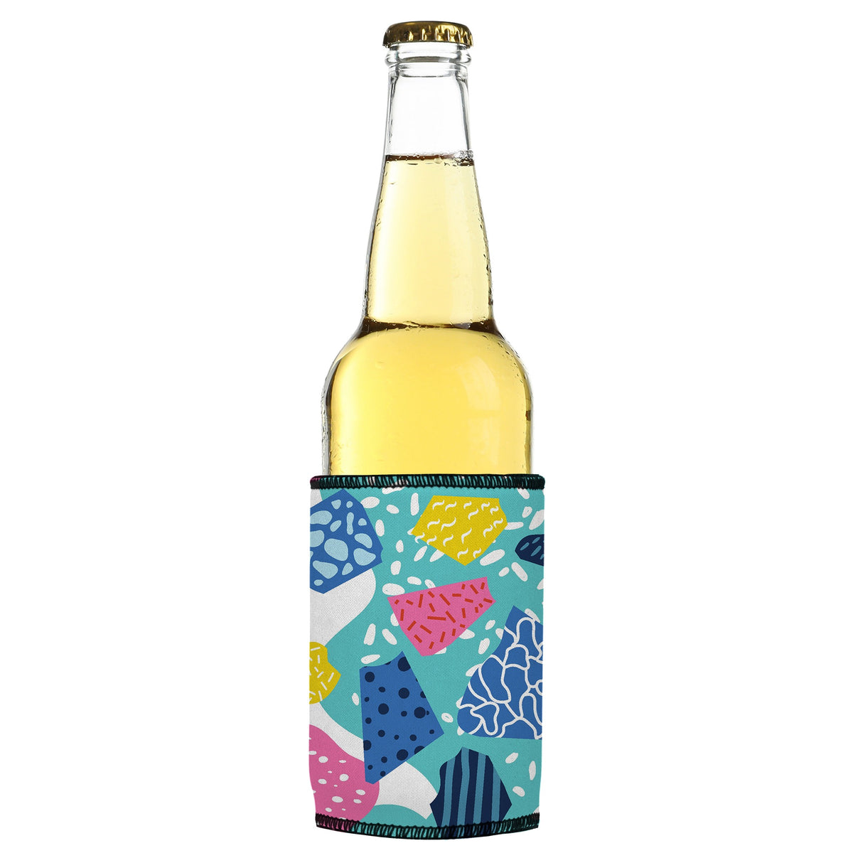 80s Abstract Stubbyz One Size cooler on a slim bottle, angled view