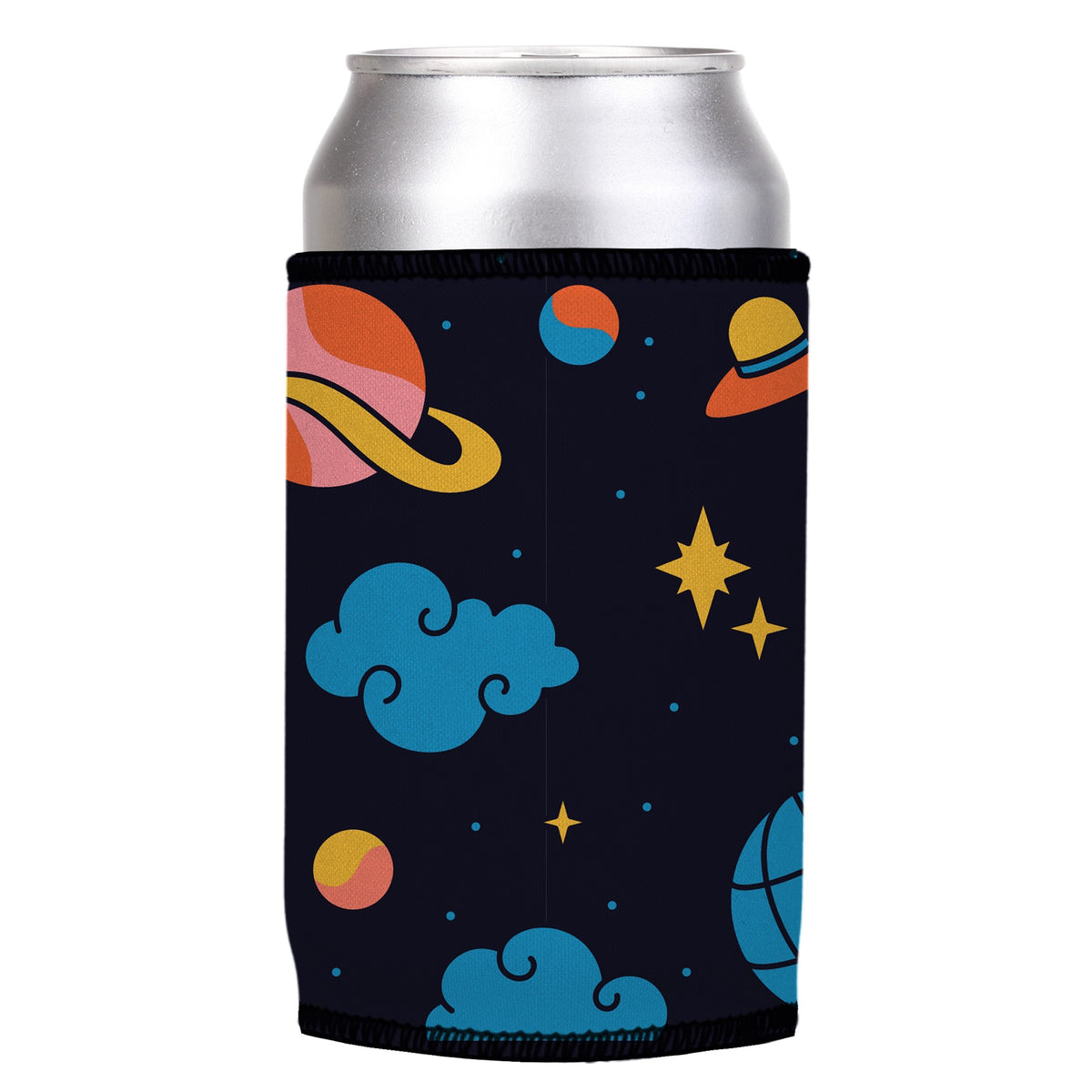 To the Moon Stubbyz One Size cooler on a standard can, angled view