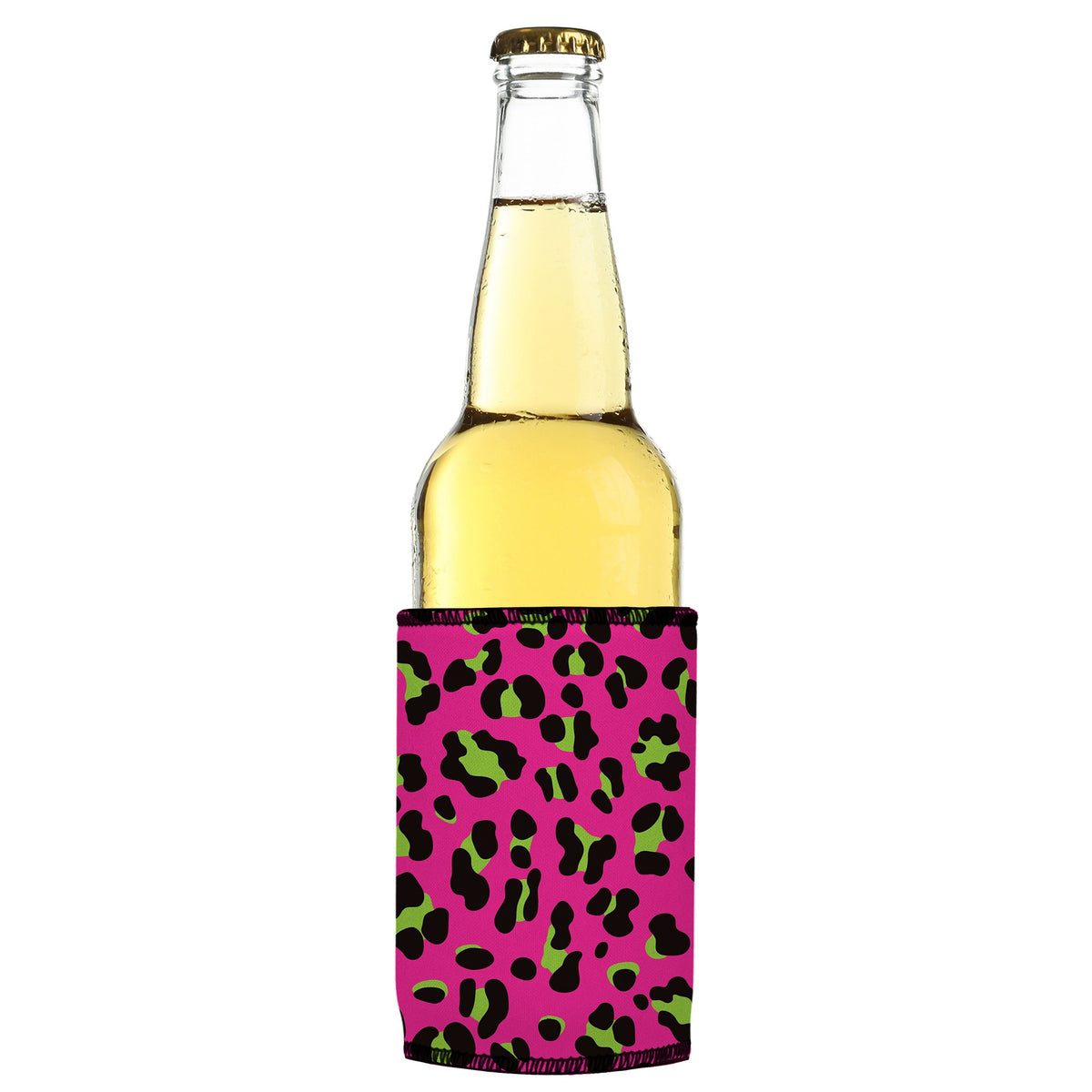 80s Leopard Print Stubbyz One Size cooler on a slim bottle, angled view