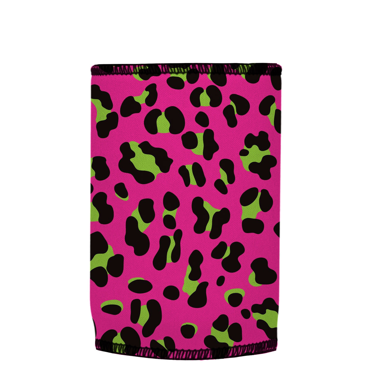 80s Leopard Print Stubbyz One Size baseless stubby cooler, shown flat