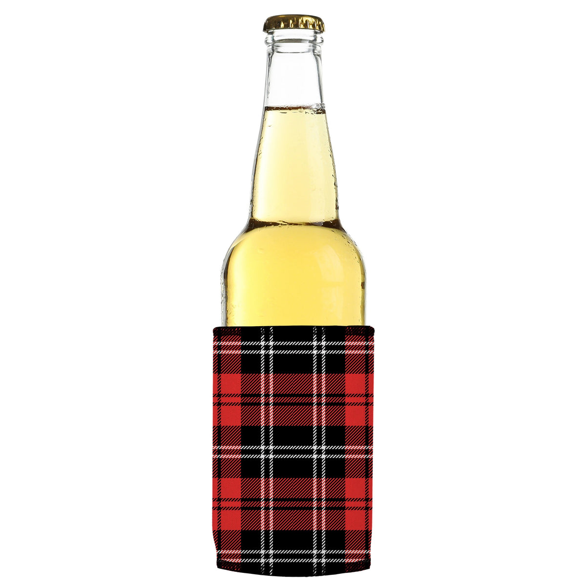 Scottish Tartan Plaid Stubbyz One Size cooler on a slim bottle, angled view