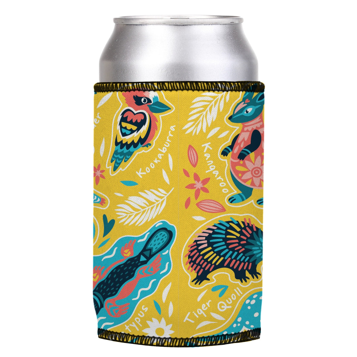Australian Animals Stubbyz One Size cooler on a standard can, angled view
