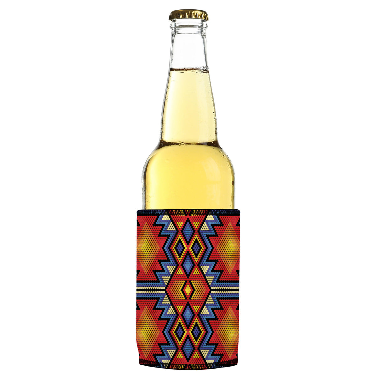 Huichol Beading Stubbyz One Size cooler on a slim bottle, angled view