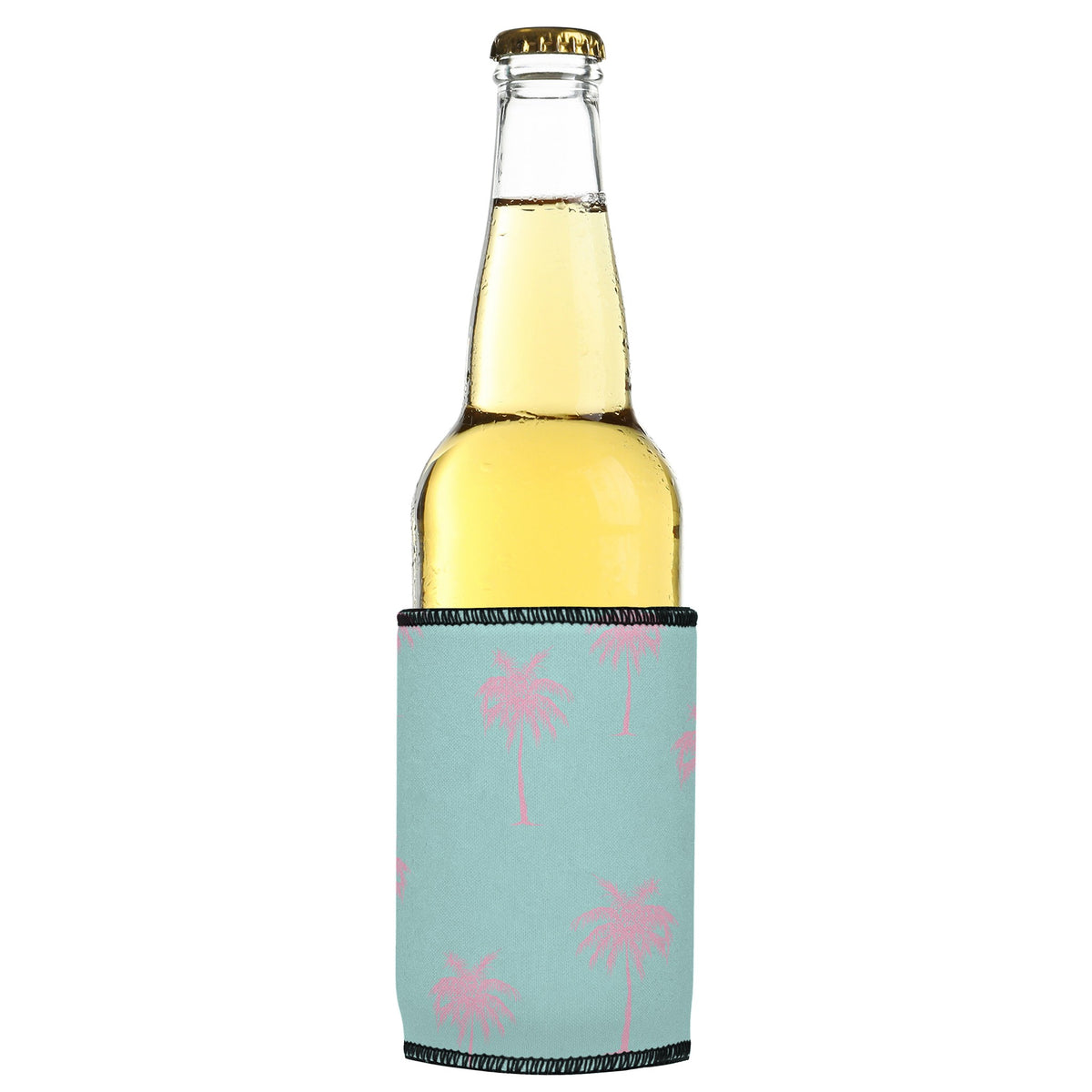 Palm Trees Pink Aqua Stubbyz One Size cooler on a slim bottle, angled view