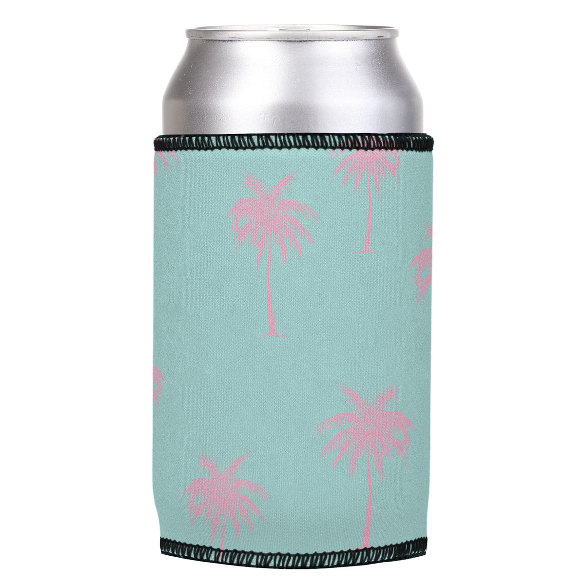 Palm Trees Pink Aqua Stubbyz One Size cooler on a standard can, angled view