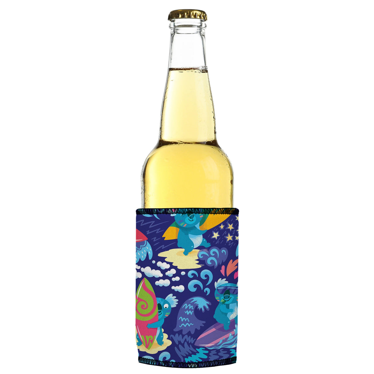 Surfin Koala Stubbyz One Size cooler on a slim bottle, angled view