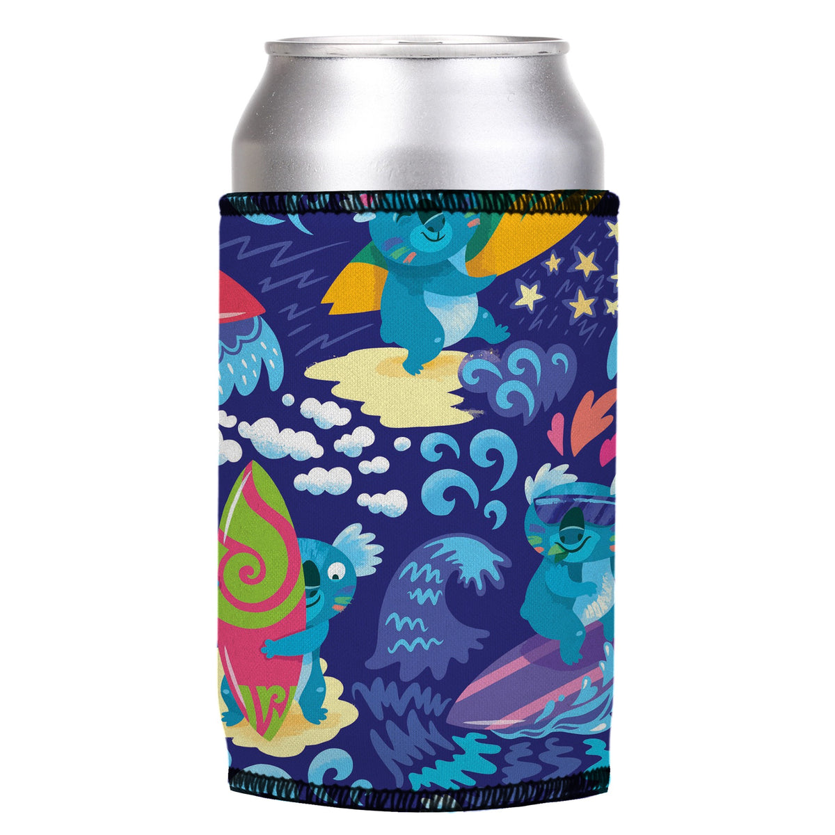 Surfin Koala Stubbyz One Size cooler on a standard can, angled view