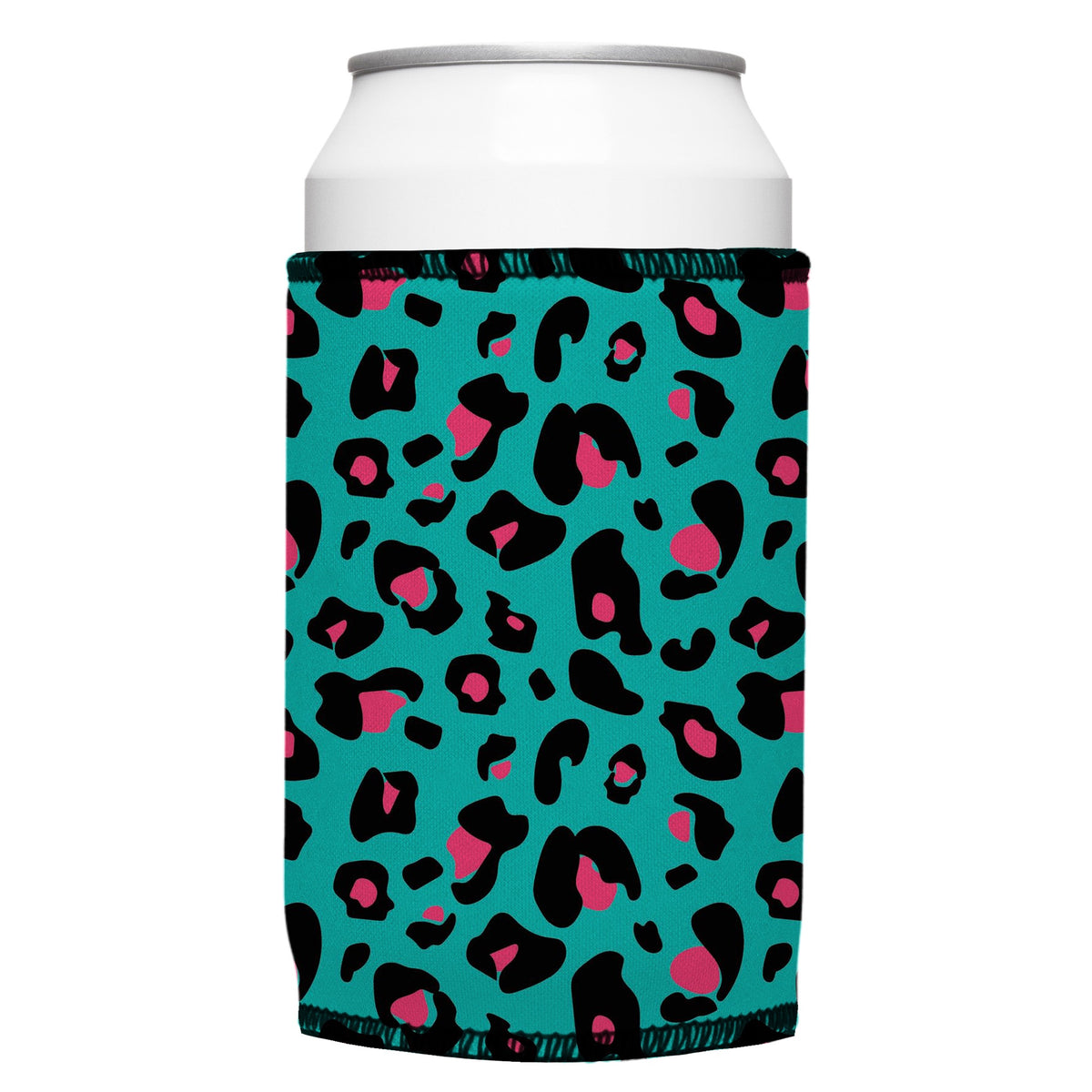 Teal Leopard Pattern Stubbyz One Size cooler on a standard bottle