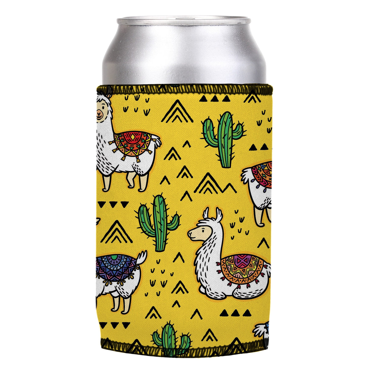 Llamas & Cactus Stubbyz One Size cooler on a standard can, angled view