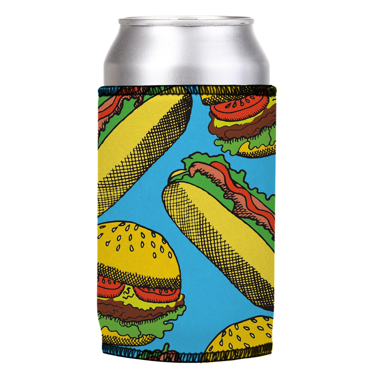 Hamburgers & Sandwiches Stubbyz One Size cooler on a standard can, angled view