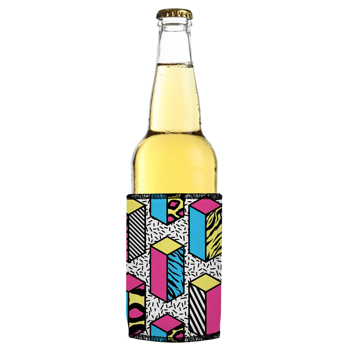 80s Allover Stubbyz One Size cooler on a slim bottle, angled view
