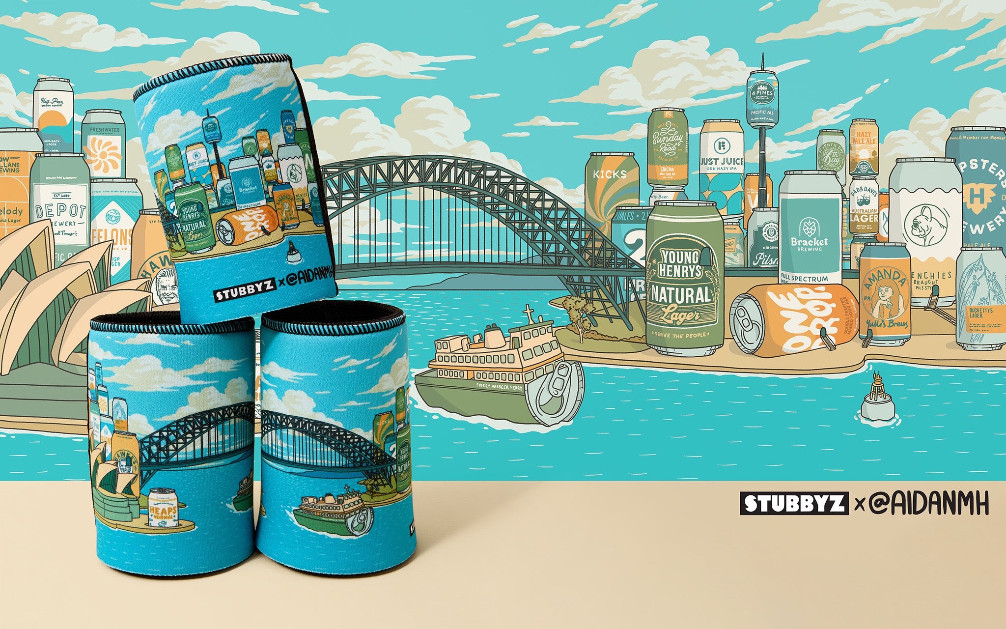 Illustration of Sydney Harbour rebuilt from craft beer cans, with a ferry crossing in front of the Harbour Bridge