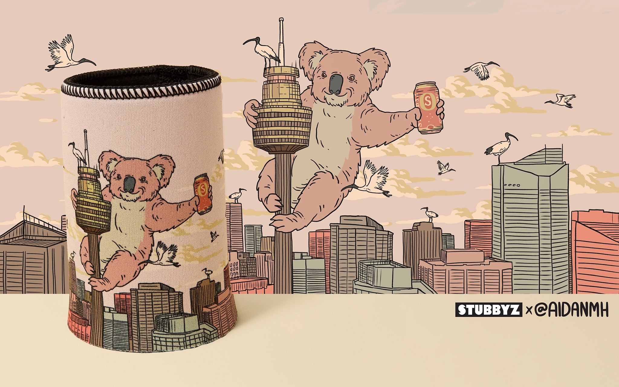 Illustration of a giant koala climbing Sydney Tower holding a beer, with ibises watching on